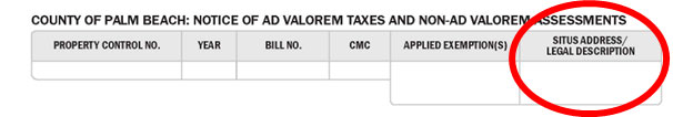 Image of Property Tax Bill with the Situs/Legal Description circled in red.